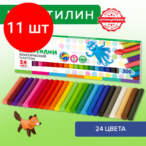 Комплект 11 шт, Пластилин классический BRAUBERG KIDS, 24 цвета, 500 г, высшее качество, 105874 комплект 11 шт пластилин классический brauberg kids 24 цвета 500 г высшее качество 105874