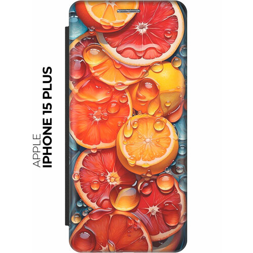 Чехол-книжка на Apple iPhone 15 Plus / Эпл Айфон 15 Плюс с рисунком Сочные апельсины в каплях черный чехол книжка на apple iphone 15 plus эпл айфон 15 плюс с рисунком сиреневые цветы в каплях золотистый