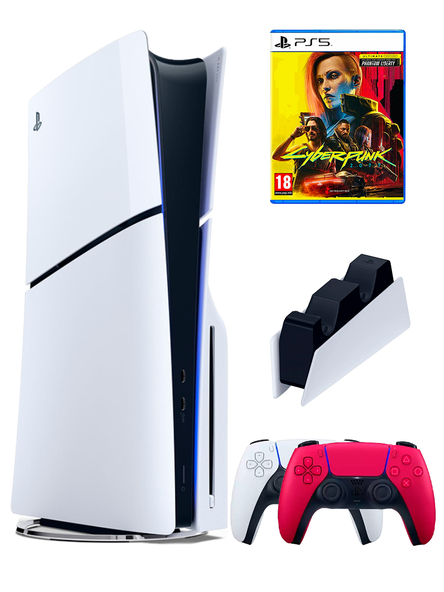 PS5 (ПС5) Игровая приставка Sony PlayStation 5 Slim disc + 2-й геймпад(красный) + зарядное + игра Cyberpunk