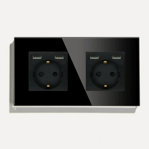 Изображение товара Розетка электрическая 2 поста, с Usb АА, рамка 157х86мм стекло, цвет черный