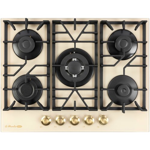 Варочная панель газовая Закаленное стекло 70 см 5 Конфорок Газ-контроль Турбо-конфорка WOK Автоподжиг Чугунные решетки il Monte BH-712G-RUSTICO 2857000₽