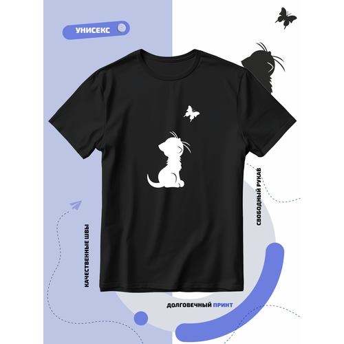 Футболка котик пристально смотрит на бабочку, размер XXS, черный