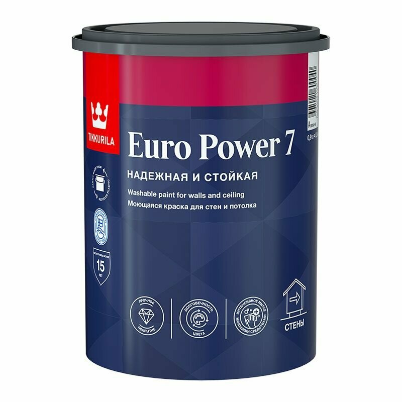 фото TIKKURILA EURO POWER 7 краска моющаяся для стен и потолка, матовая, база C (0,9л)