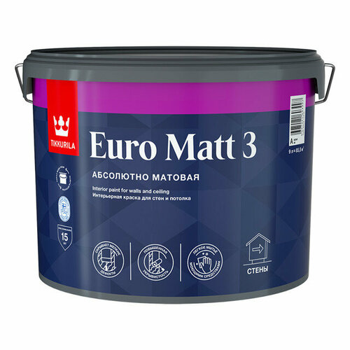 Краска в/д euro matt 3 a 9 л, арт.700001114 краска акриловая текс для стен и потолков профи глубокоматовая белый 0 9 л