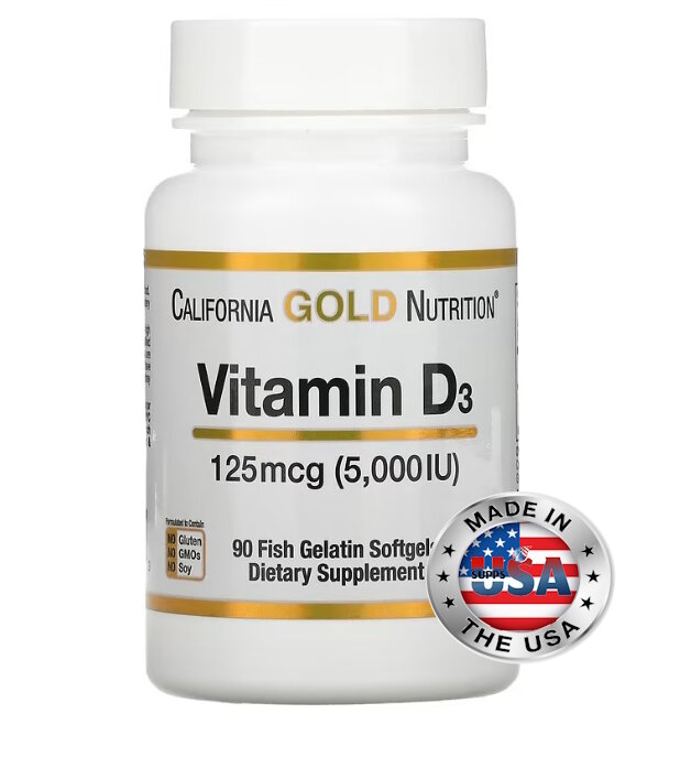 California Gold Nutrition, витамин Д3, 125 мкг (5000 МЕ), 90 капсул из рыбьего желатина