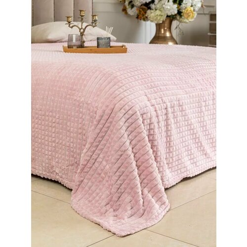 Плед розовый плюшевый в кубик евро 200х220 см