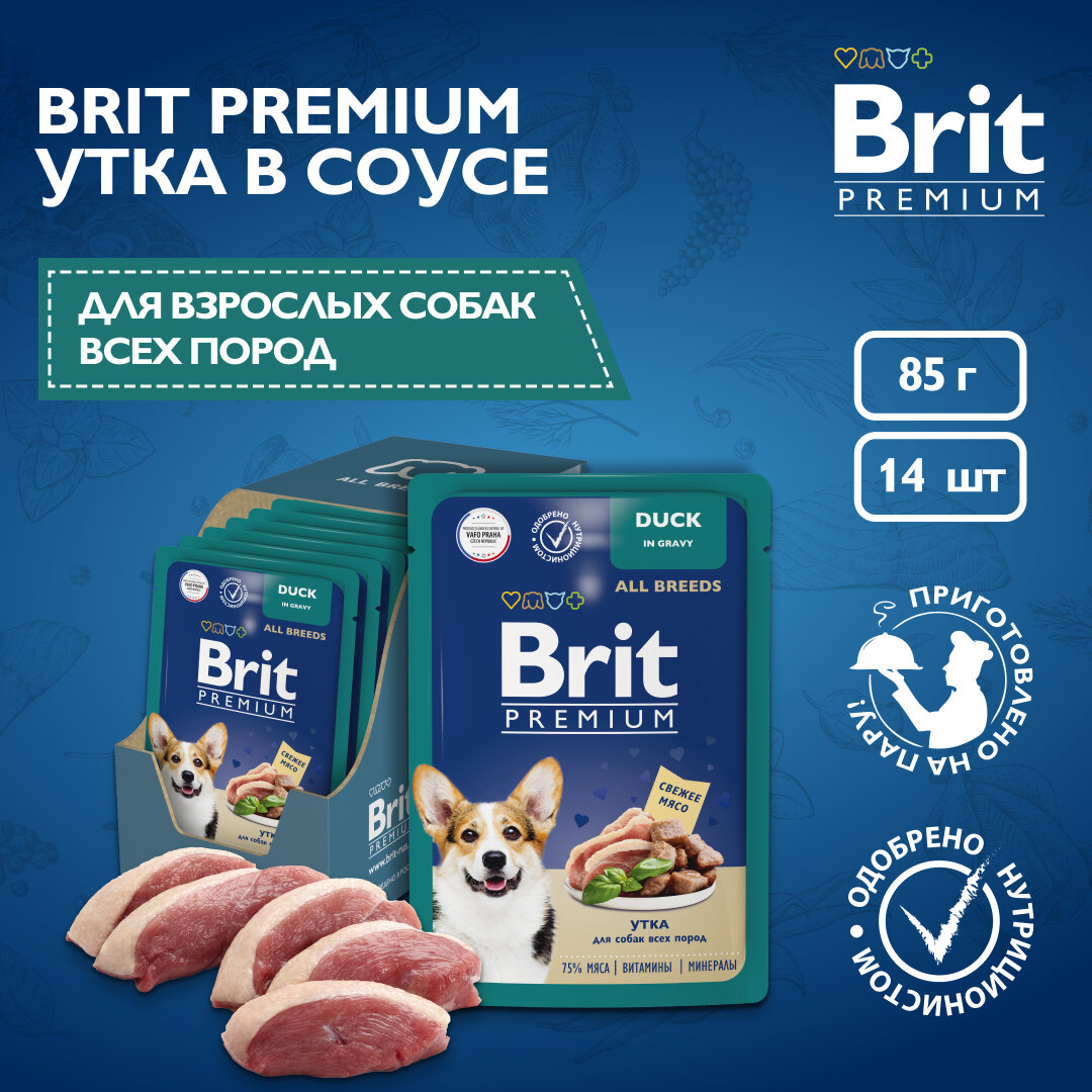 BRIT PREMIUM, корм для собак. Пауч для взрослых собак всех пород, Утка в соусе, 85г 14 шт