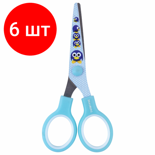 Комплект 6 шт, Ножницы BRAUBERG Kid Series, 130 мм, голубые, с цветной печатью Пингвины, закругленные, 232271