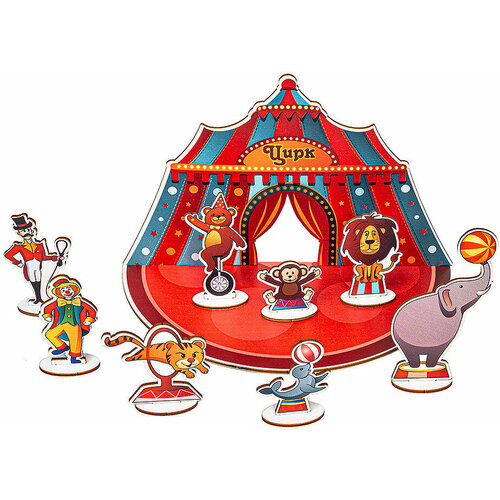 Настольный кукольный театр Smile Decor Цирк, сюжетно-ролевой набор с фигурками из дерева и карточками