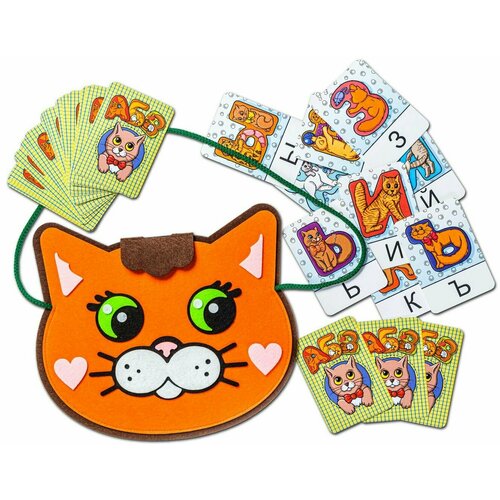 Развивающая сумка Smile Decor Кошачий алфавит из фетра, дидактическое пособие с карточками для изучения азбуки, учим буквы
