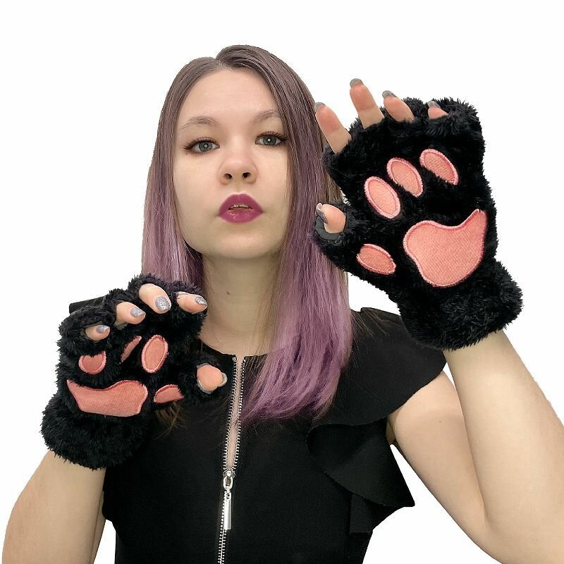 Лапы кошки перчатки черно-розовые для косплея праздника вечеринки карнавала