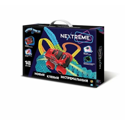 Гибкий трек 1TOY, NEXTREME 148 деталей, внедорожник на аккумуляторе, красный 1toy гибкий трек динопарк 134 дет туннель ворота мост шарик 1 бол динозавр 1 маш с 5 ламп