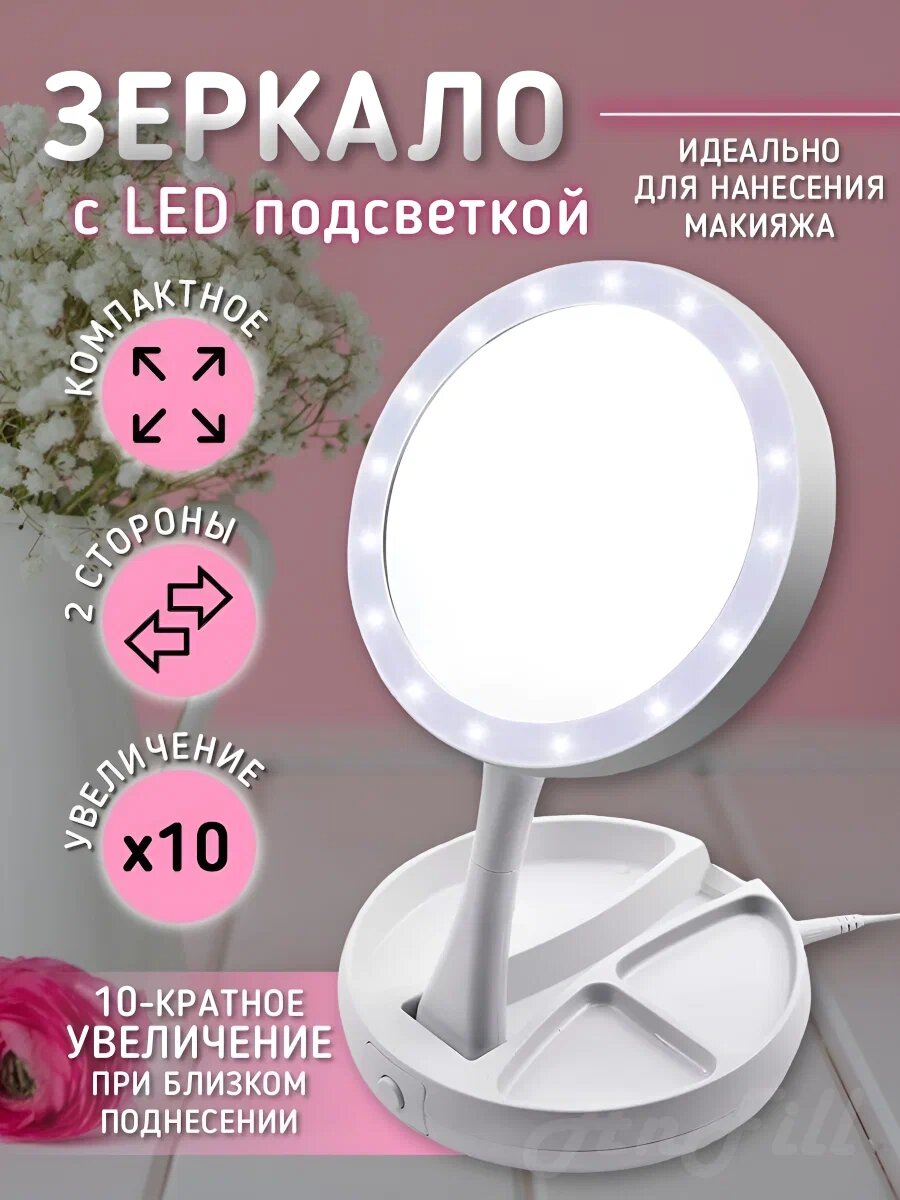 Косметическое двустороннее зеркало Goodly My Foldaway Mirror для макияжа, с подсветкой и х10 увеличением