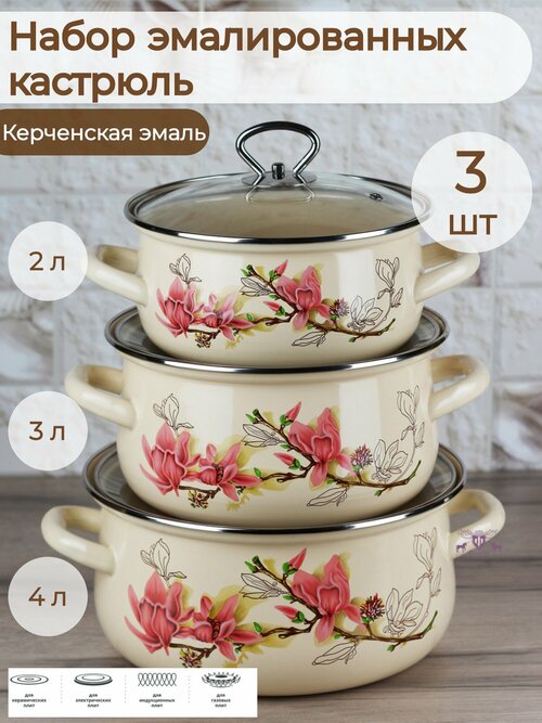 Набор кастрюль 3 пр. Магнолия ( сфер 2,0 л, 3,0 л,4,0 л )