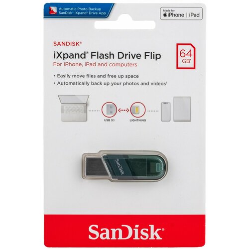 Флеш-накопитель (флэшка) SanDisk USB 3.1 Gen 1 64 ГБ iXpand Flash Drive Flip Lightning для iPhone и iPad