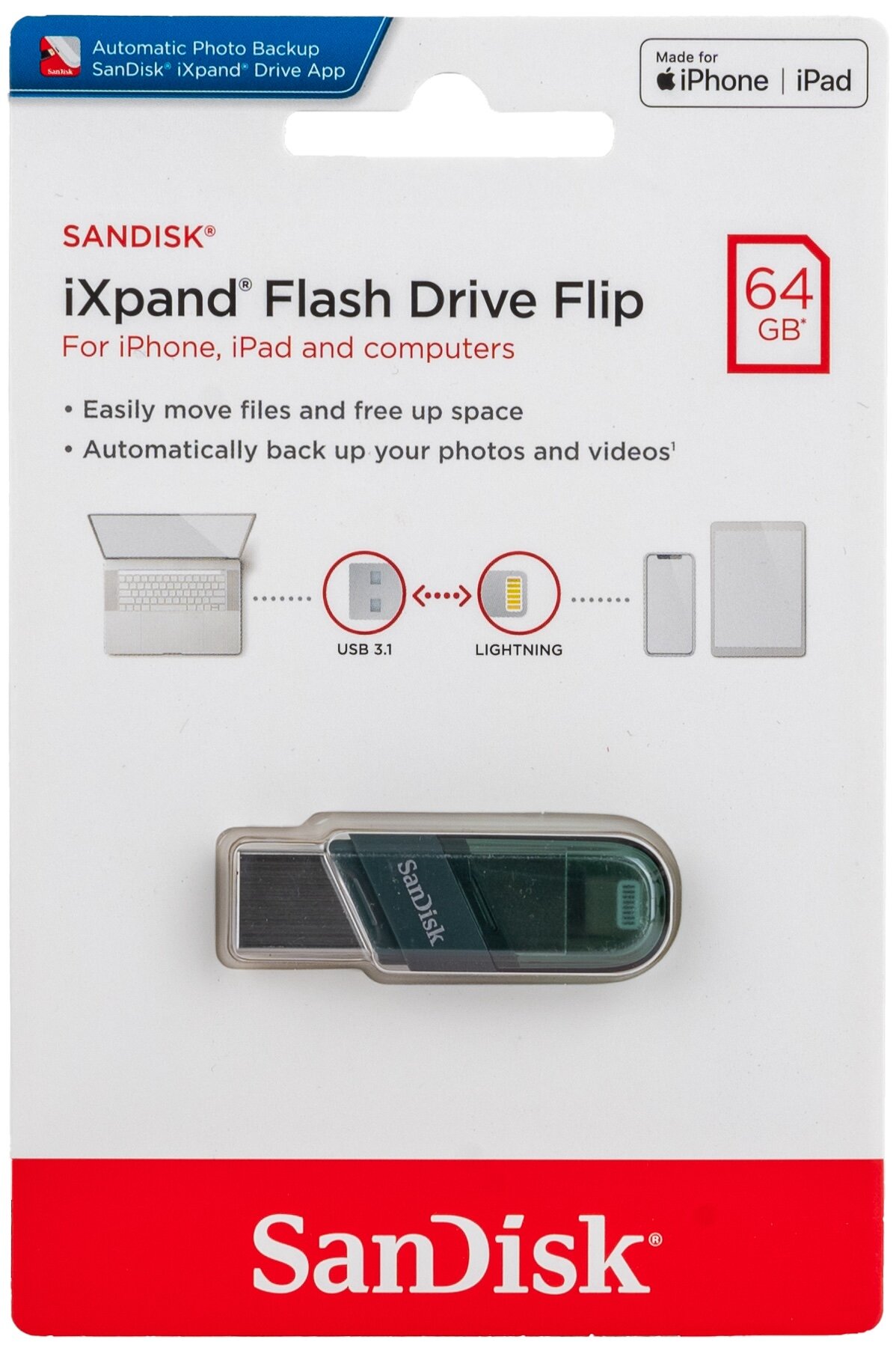 Флеш-накопитель (флэшка) SanDisk USB 3.1 Gen 1 64 ГБ iXpand Flash Drive Flip Lightning для iPhone и iPad