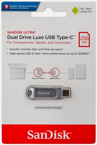 Изображение товара Флеш-накопитель SanDisk 256 ГБ USB 3.2 Ultra Dual Drive Luxe 400 Мб/с Type C/Type A
