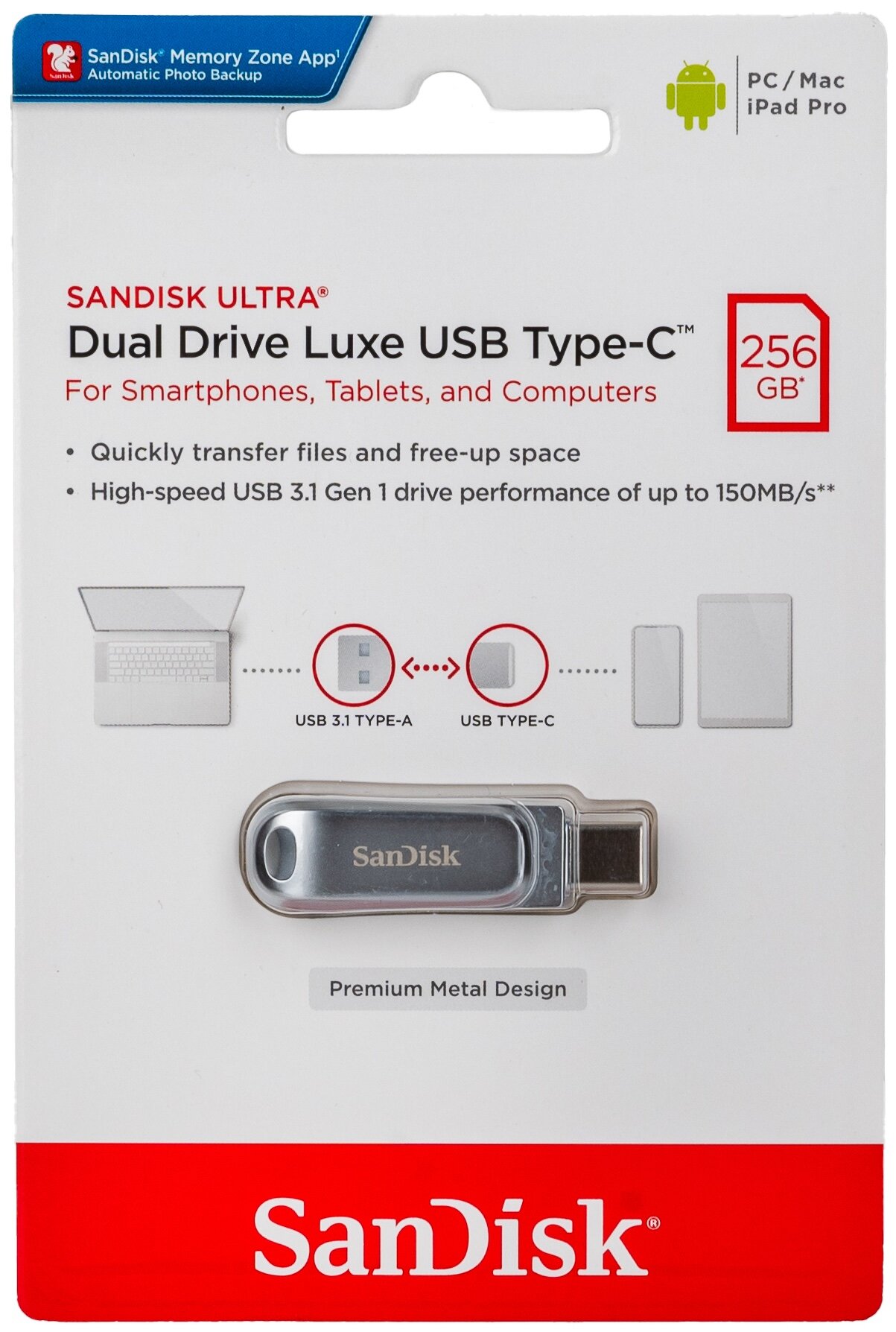 Флеш-накопитель SanDisk 256 ГБ USB 3.2 Ultra Dual Drive Luxe 400 Мб/с Type C/Type A