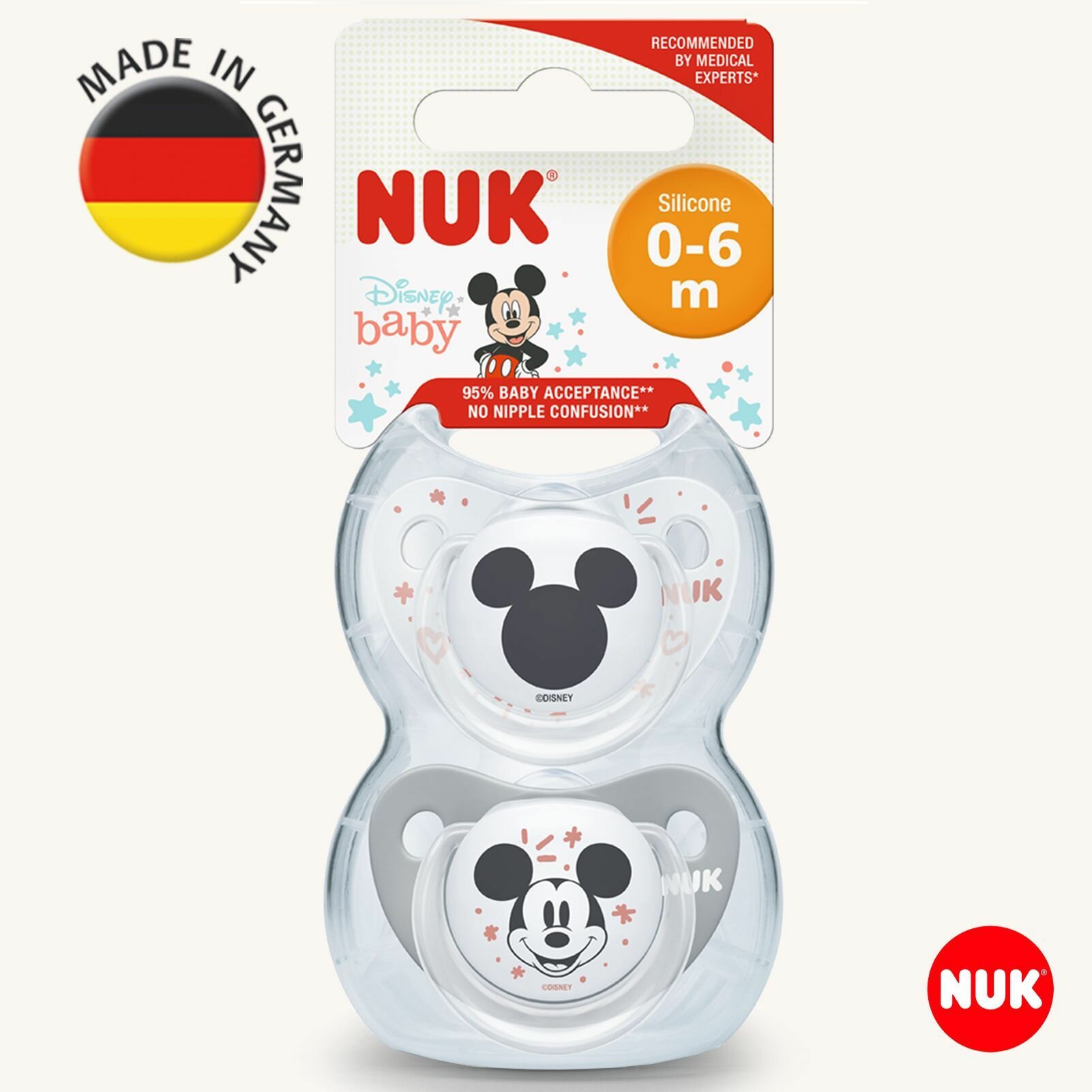 NUK TRENDLINE ортодонтическая соска пустышка из силикона, размер 1, 2 шт. в контейнере, MICKEY Микки