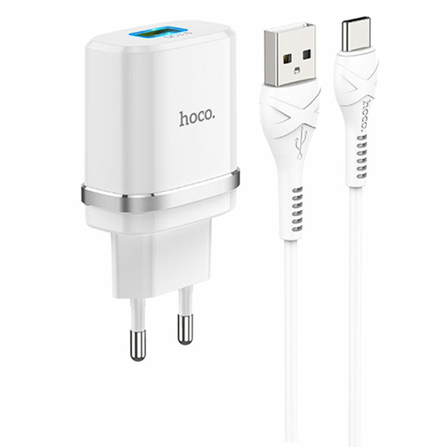 Сетевое зарядное устройство HOCO C12Q Smart 1xUSB с Кабелем USB - Type-C, 3A, 18W, белый