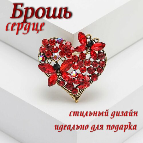 Брошь, стразы, золотой, красный