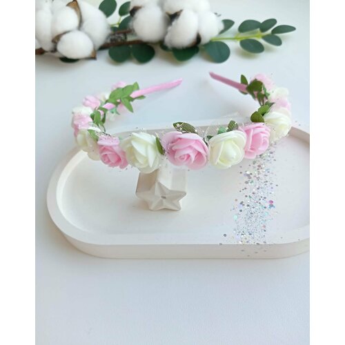 Ободок для девочек цветочный/Ободок для волос ручной работы с цветочками цветы из фоамирана хризантемы бело розовый набор 15 штук