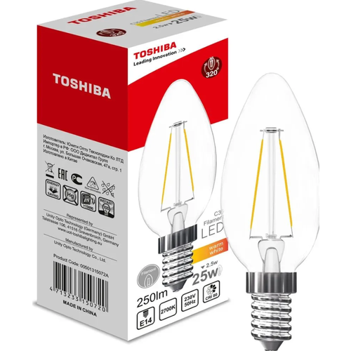 Лампочка Toshiba Светодиодная Филаментная Лампа теплый свет, цоколь E14, 2,5W Свечка, 2700K, Теплый белый свет, E14, 2.5 Вт, Светодиодная. 7 шт