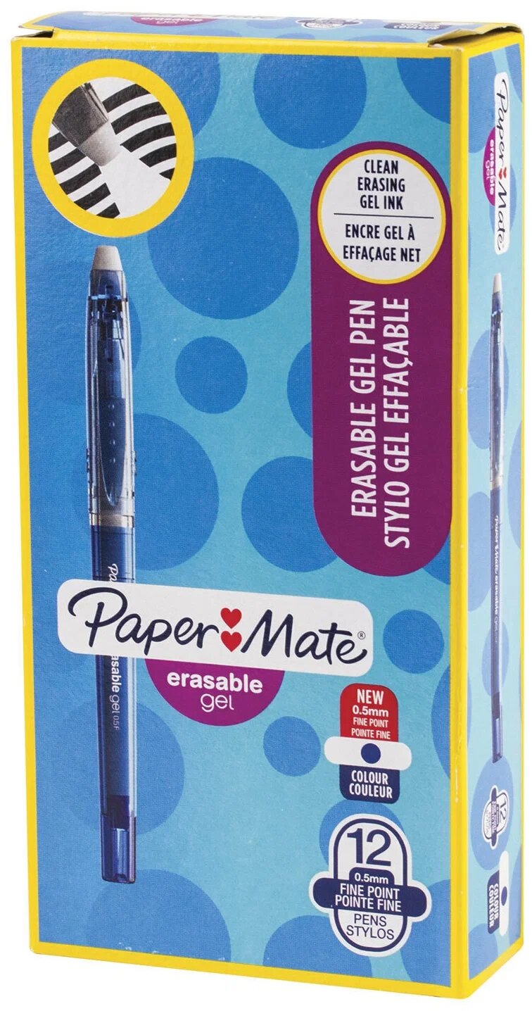 Ручка стираемая гелевая PAPER MATE "Erasable Gel", синяя, корпус синий, узел 0,7 мм, линия письма 0,5 мм, 1994724
