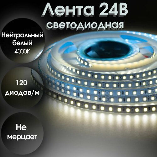 Светодиодная лента 5м 24В IP20 120 LEDm 2835 120 супер яркая LED NW 950₽