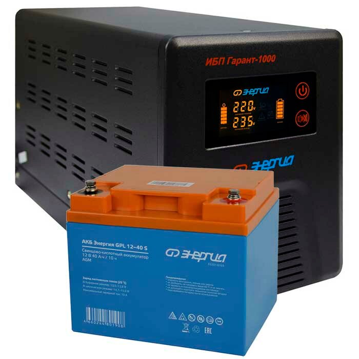 Комплект ИБП для котла Энергия Гарант 1000 + Аккумулятор GPL S 40 Ач, 300Вт-90мин