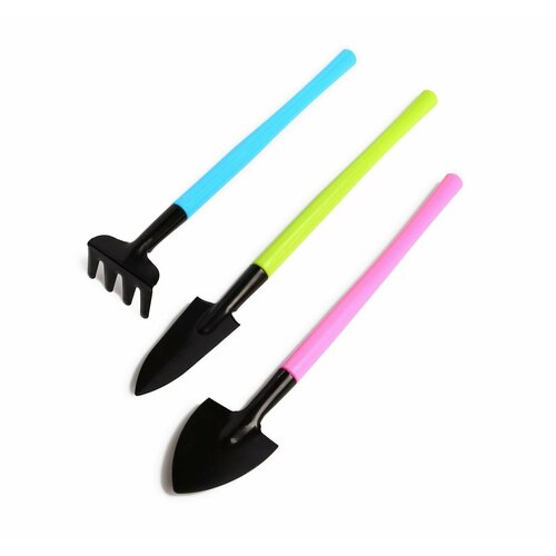 Набор садового инструмента 3 предмета грабли 2 лопатки длина 21 см пластиковые ручки микс 339₽