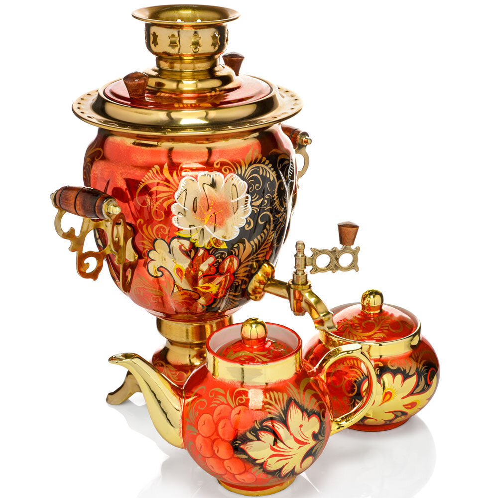 фото Самовар электрический с худ. росписью«Кудрина красная» 3 л. формы «Жёлудь» в наборе из 3 предметов