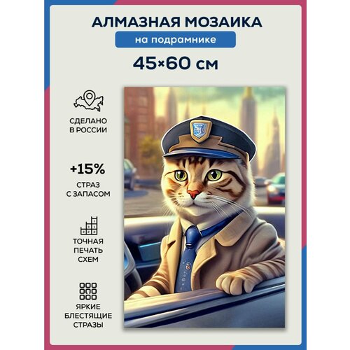 Алмазная мозаика 45x60 Кот - шофер на подрамнике