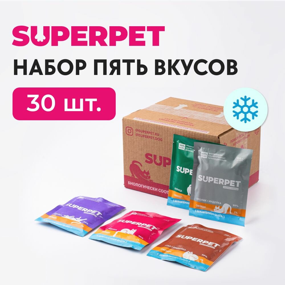 фото Набор влажных кормов 5 вкусов, натуральное питание для кошек - 100 гр * 30 паучей - BARF видотипичное питание / сырой корм