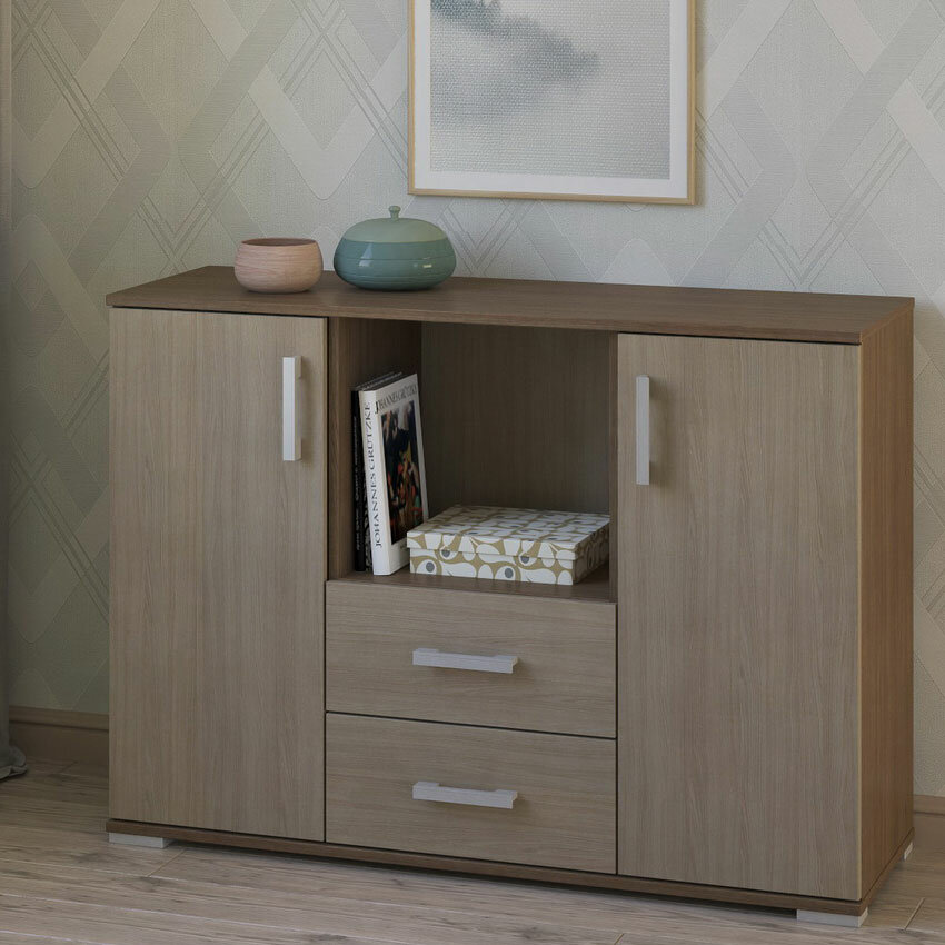 фото Широкий двухдверный комод с двумя ящиками и открытой нишей МагМебель №64 дуб молочный