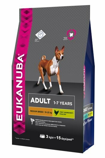 Eukanuba корм для взрослых собак средних пород, курица 3 кг