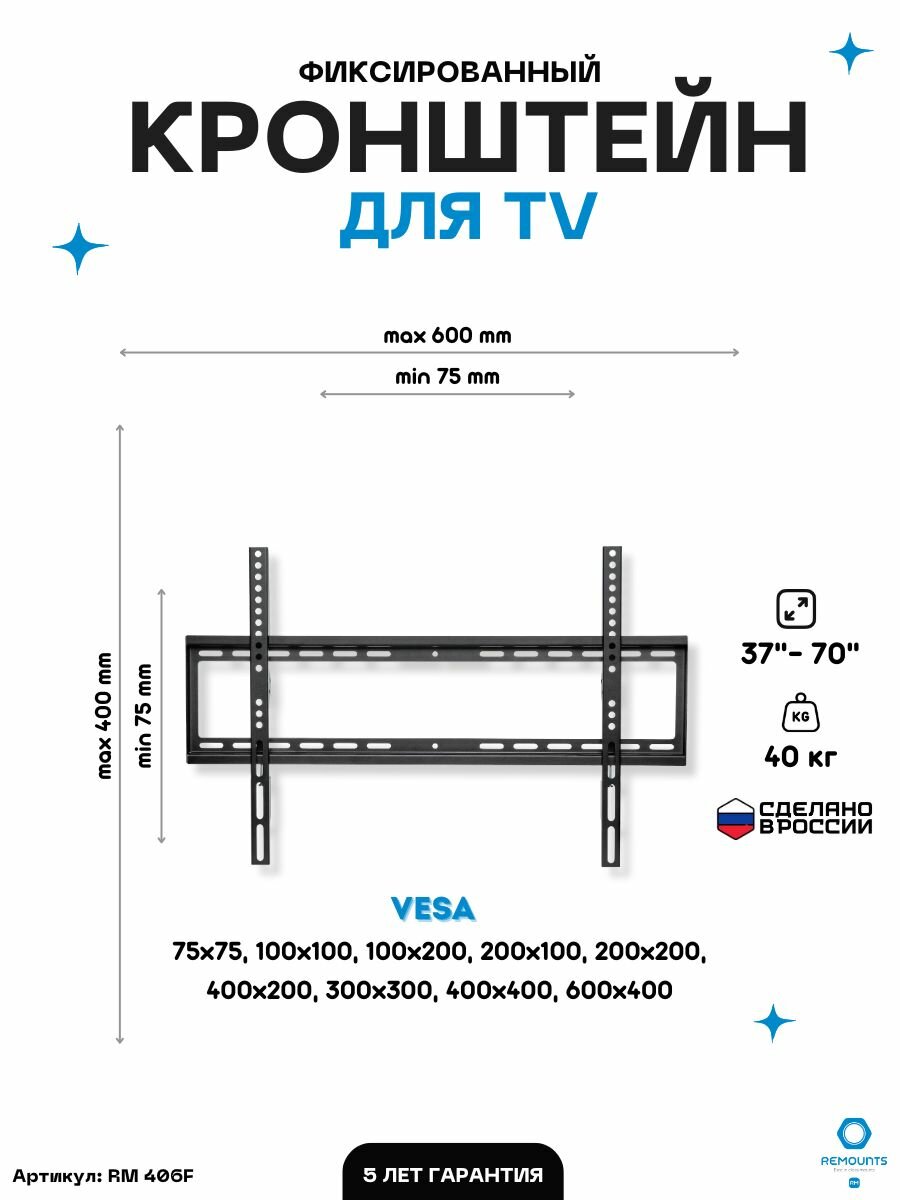 Кронштейн для телевизора фиксированный Remounts RM 406F черный 37"-70" ТВ vesa 600x400