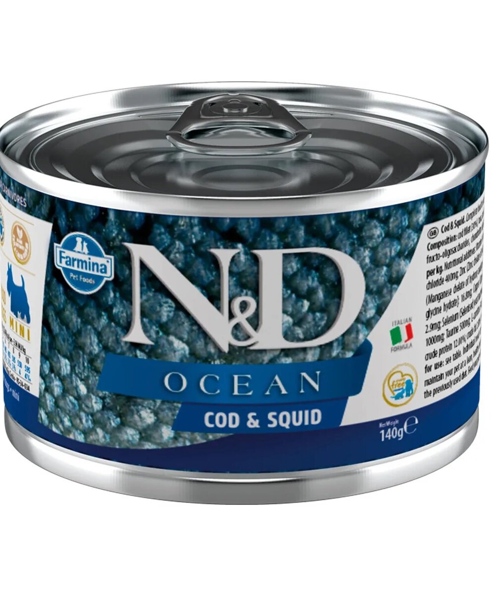 Консервы Farmina ND Dog OCEAN Cod Squid MINI для собак мелких пород треска и кальмар 140г