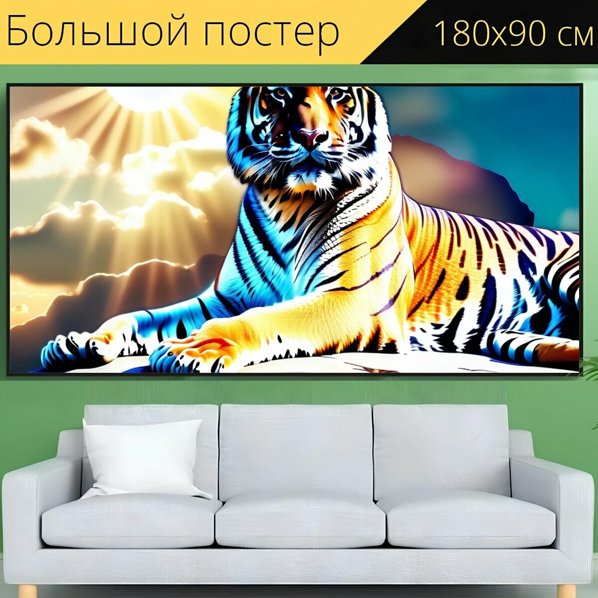 Большой постер зоологам "Животное, дикое, тигр, солнце, отдых" 180 x 90 см. для интерьера на стену