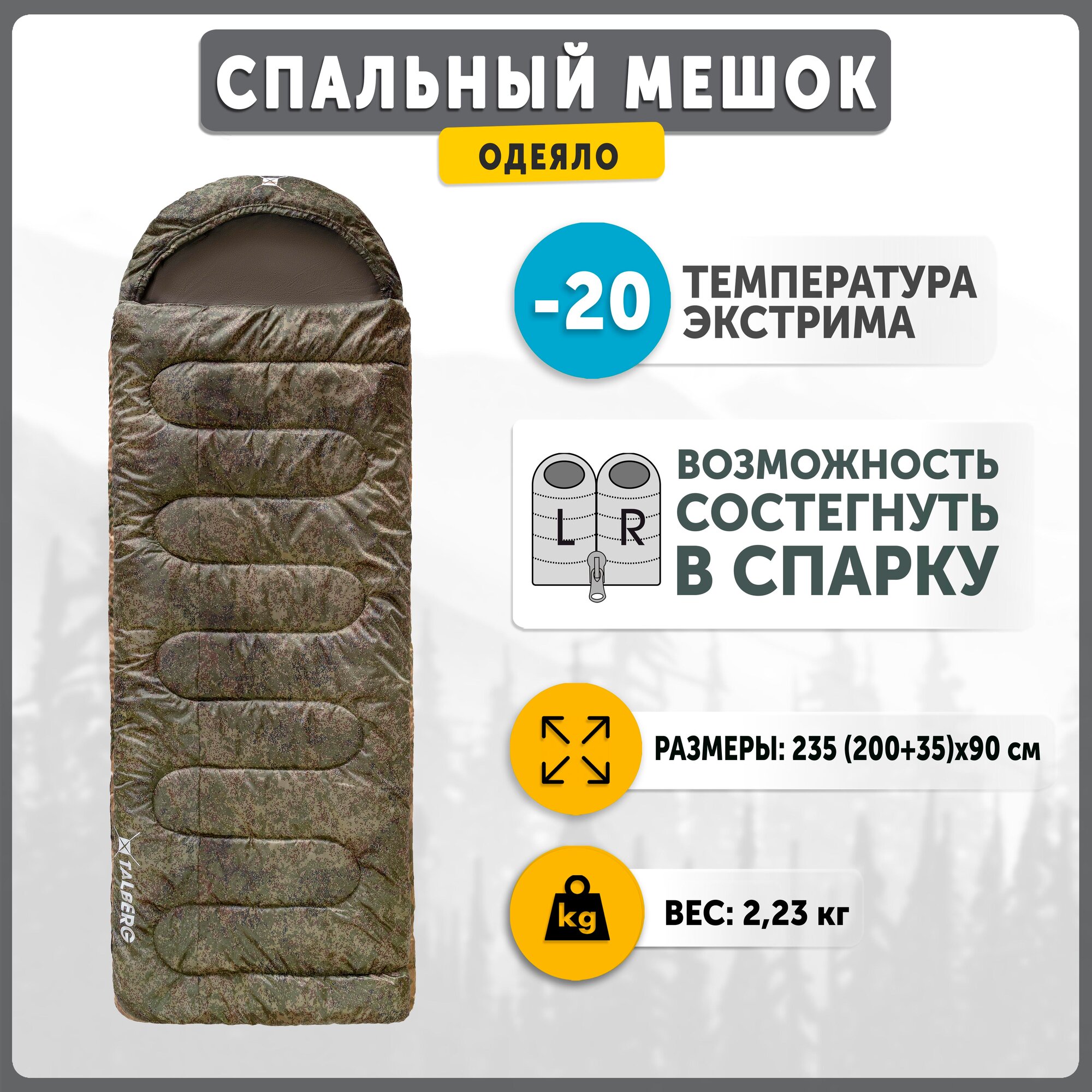Спальный мешок-одеяло Talberg FORESTER -20°С, цифра, левый
