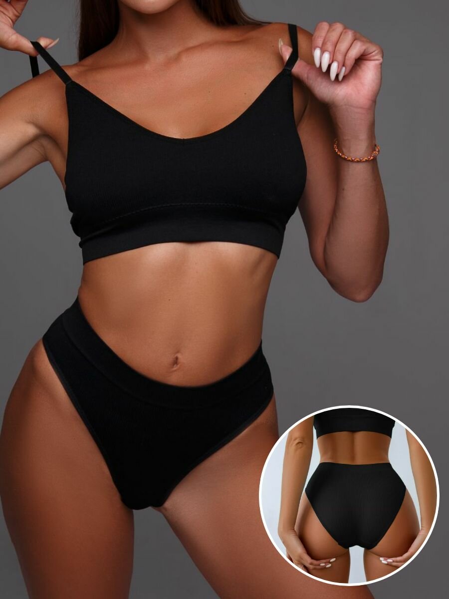 фото Нижнее белье комплект бесшовный, размер M, черный трусы