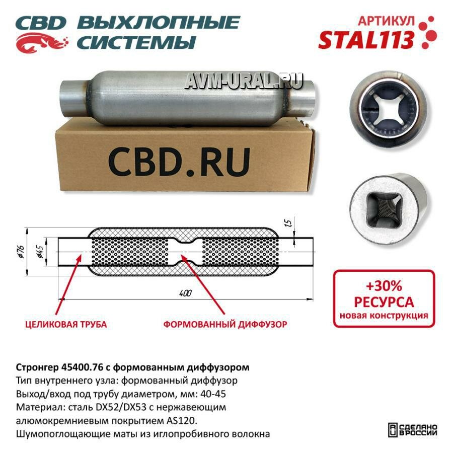 CBD STAL113 Стронгер пламегаситель перфорированный внутренний узел с диффуз. 400 х 76 х 45