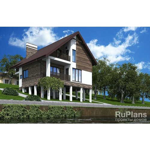 Одноэтажный жилой дом с мансардой, террасой, гаражом и балконами (189 м2, 14м x 10м) Rg5467