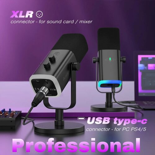 Микрофон студийный динамический XLR для стриминга черный