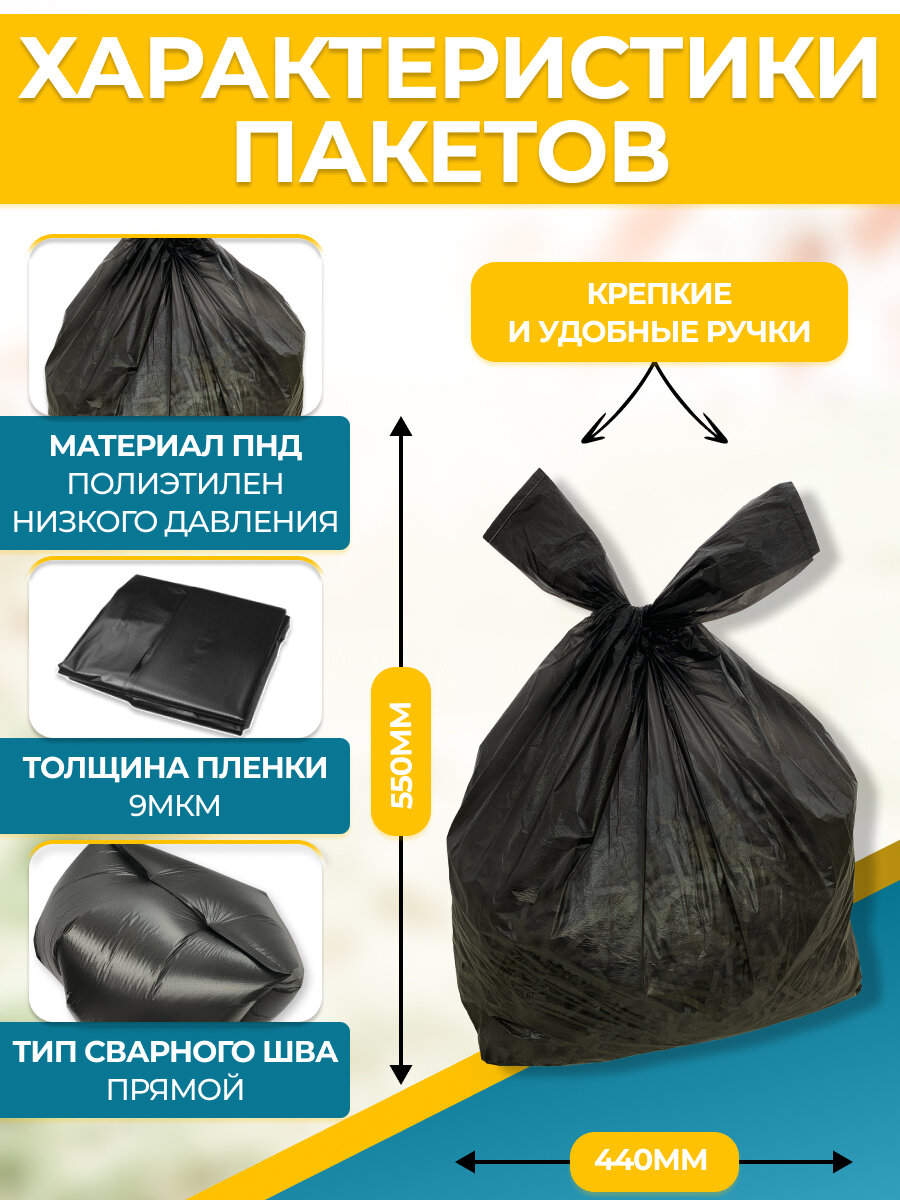 Пакеты для мусора с ручками, в стопе, ПНД Крепак: прочные, вместительные, 20 л × 30 шт, 10 мкм, черные — фото 1