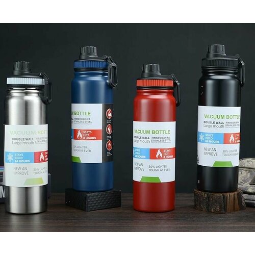 Термос-бутылка SPORTS, 0,8 л, крышка с пластик. карабином, ситечко