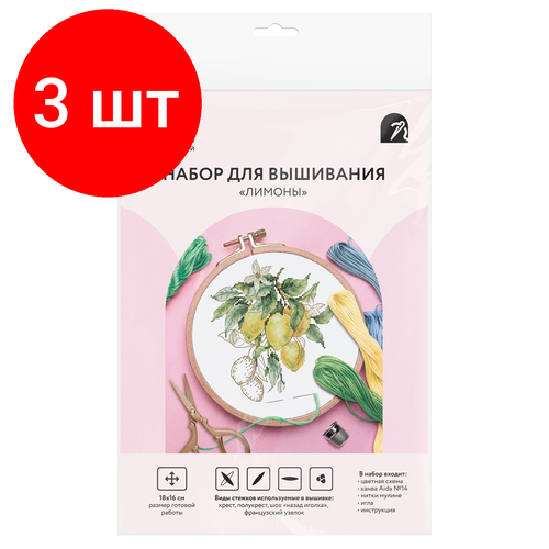 Комплект 3 шт Набор для вышивания крестиком ТРИ совы Лимоны 1620см пакет с европодвесом 2294₽