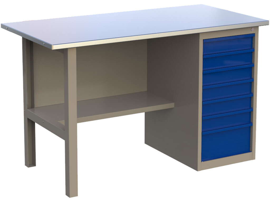 фото Стол верстак слесарный металлический с тумбой с 7 ящиками, 1400 мм, MasterLine, Wellmet ML 1400 ML7