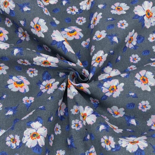 Бязь плательная ткань для шитья, отрез 150х400 см, № 11681/3 Цветы на сером