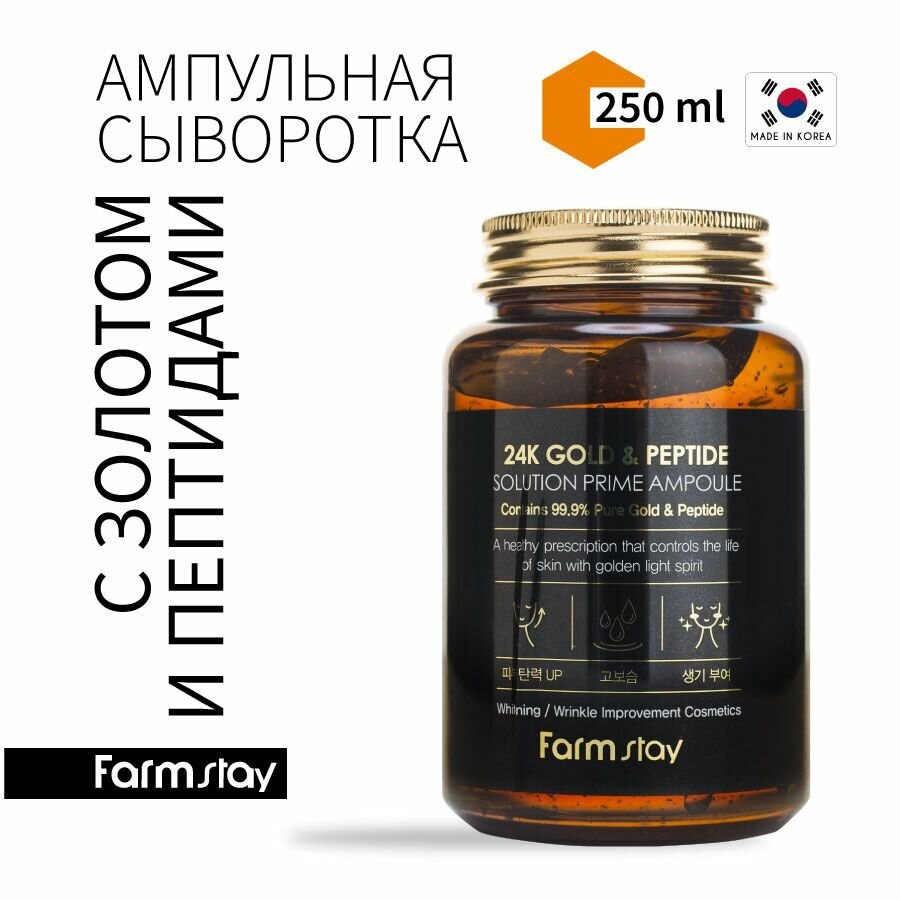 FarmStay Антивозрастная сыворотка для лица увлажняющая с золотом пептидами ниацинамидом и гиалуроновой кислотой уходовая корейская косметика 24K Gold  Peptide Solution Prime Ampoule 250ml